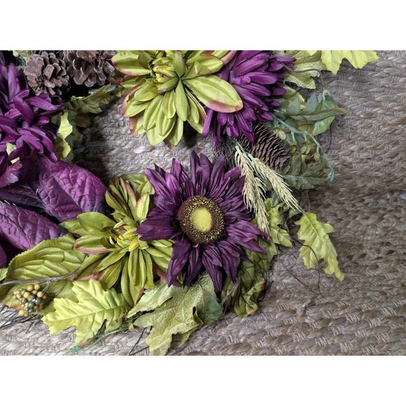 Purple Floral Leaf Twig 24" Pinecones Artificial Wreath Fall Autumn - Picture 6 of 11
